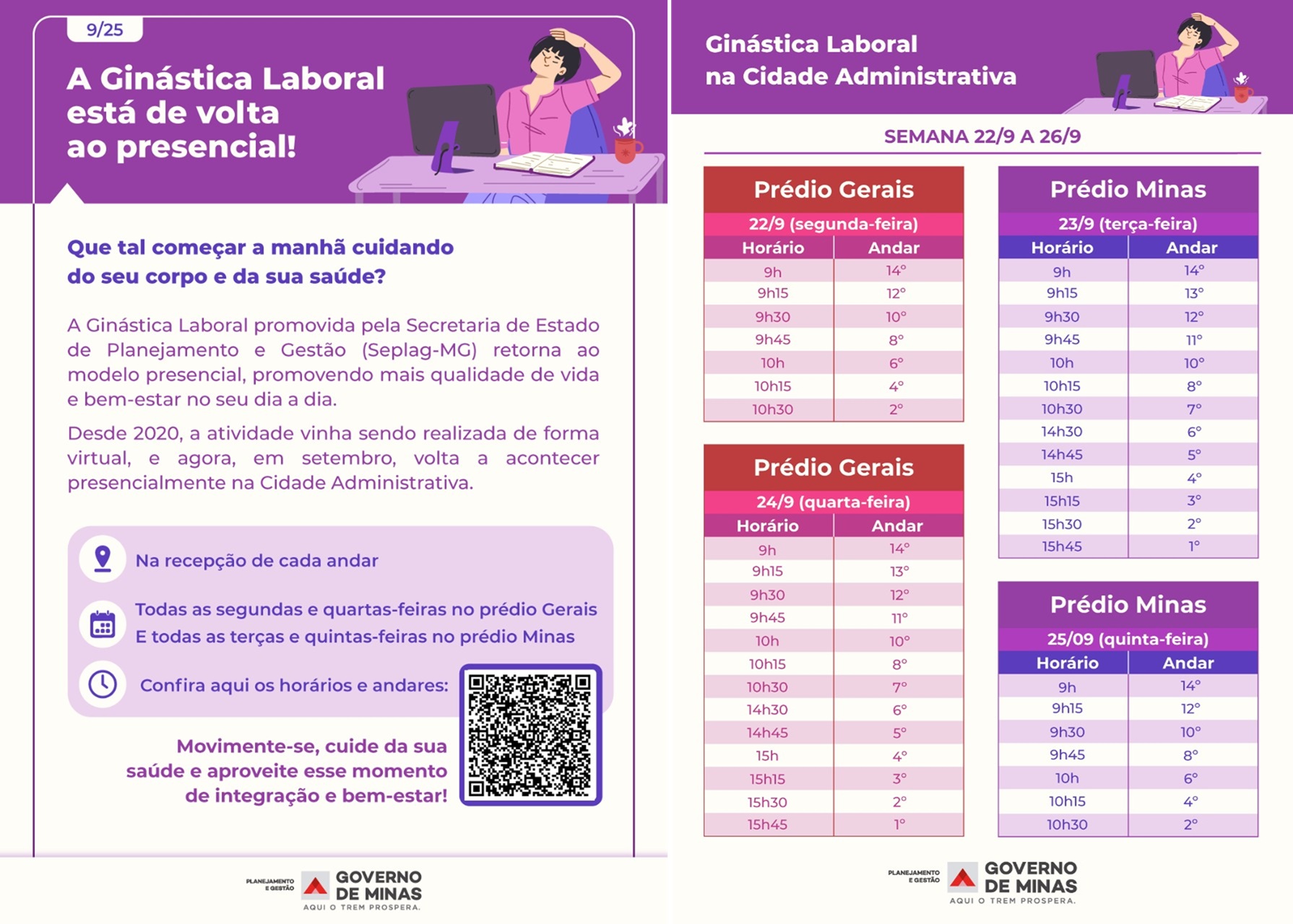 A imagem mostra um folder com orientações sobre o retorno da Ginástica Laboral na Cidade Administrativa, com a programação das atividades na semana do dia 22 a 26/09/2025.